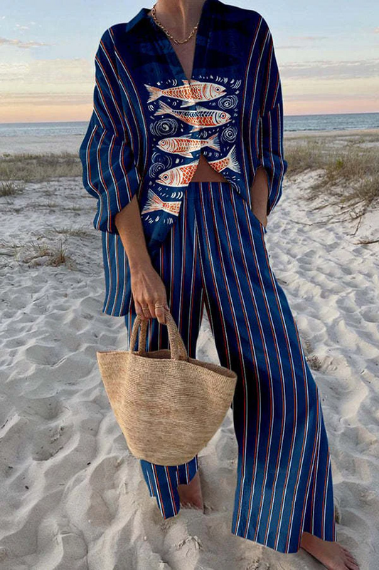 Conjunto de lino estampado Koi azul