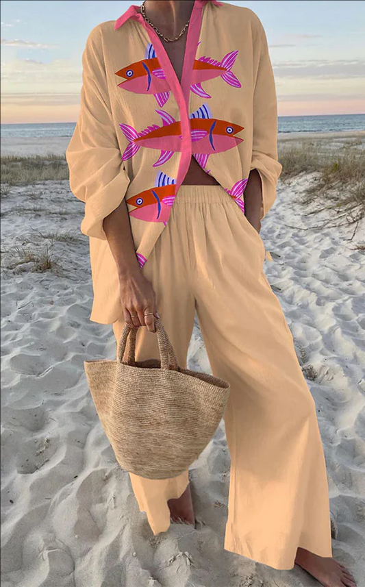Conjunto de lino estampado rosa peces