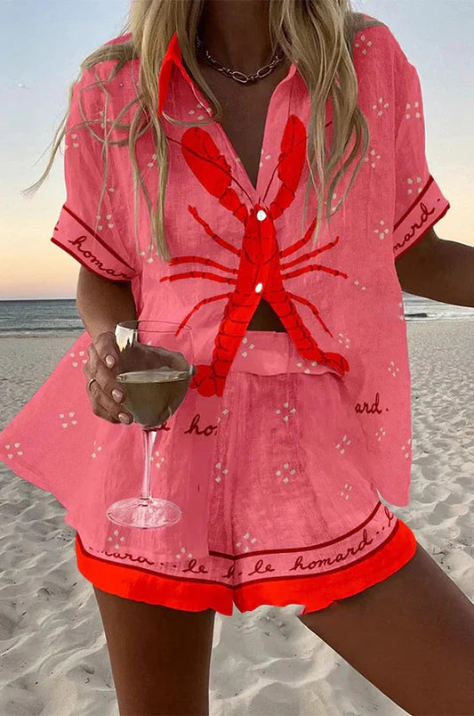 Conjunto corto de lino langosta rosa