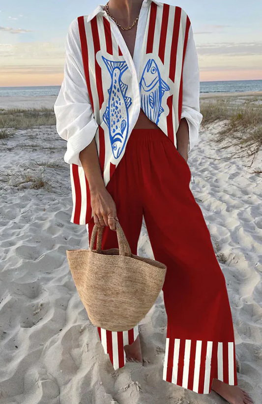 Conjunto de lino estampado peces rojo y azul
