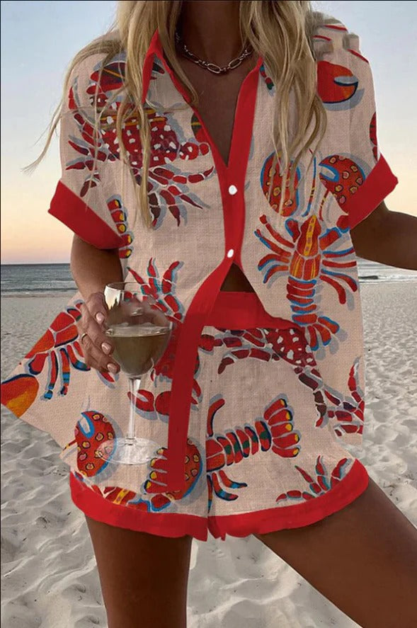 Conjunto corto de lino estampado langostas